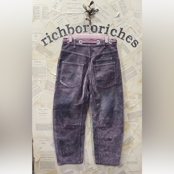 Free People Moxie Flocked Pull On Barrel Jeans Rope Tie Slouchy Ancient Pink - Picture 6 of 6